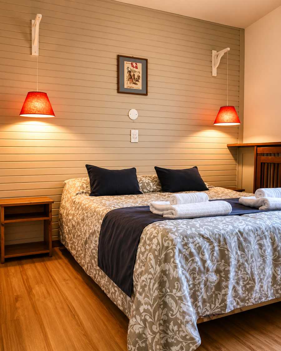 Habitación doble con sábanas estampadas, paneles de madera y lámparas colgantes rojas