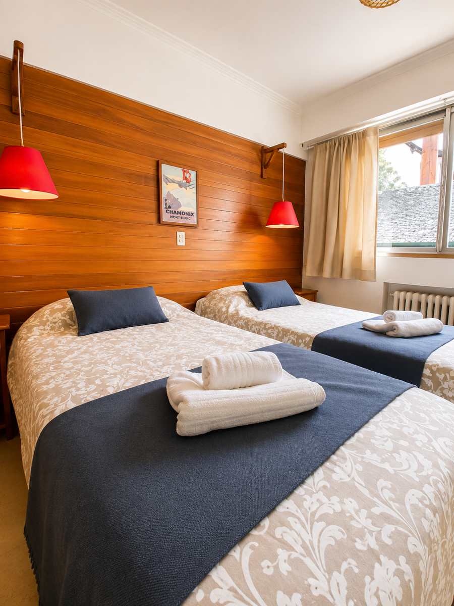Habitación twin con dos camas individuales, paneles de madera y lámparas de mesa rojas